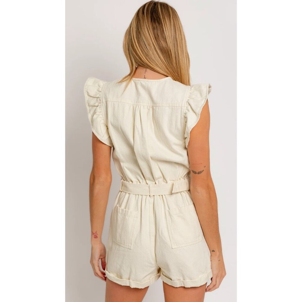 LE LIS Ruffle Buttons Denim Romper In Cream Size Large‎ - Picture 3 of 9